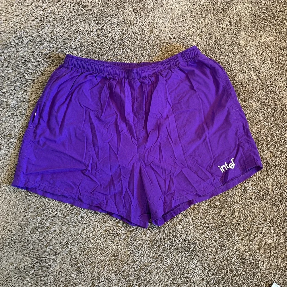 Vintage 80s Intel Tech Swimsuit Shorts Men Size‎ Large Sportif Purple USA Made